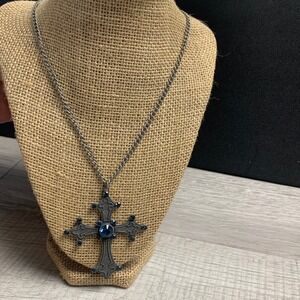 Gothic Cross Necklace Antique Silver Tone Blue Rhinestone Ornate Pendant 20"